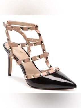 ♠️ Mix No. 6 Liraven Pump Studded Strappy Heel in Black Patent/Nude-Beige